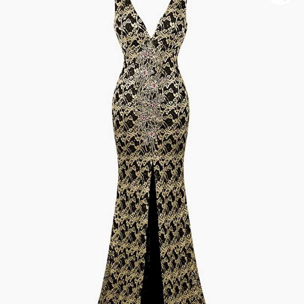 Angel-fashions V Neck Floral Applique Split Hem Formal Dress Sz Small